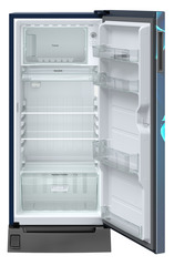 Product image, Perspective: straight open empty, Single-door fridge 191 l in 2 star with foot pedal base drawer, Casing colour: blue, Door colour: Blue Divine