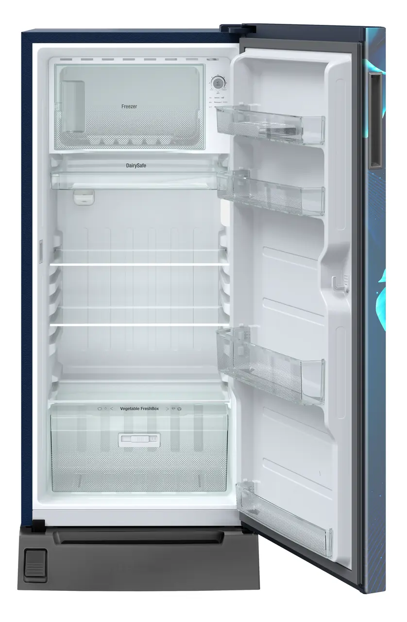 Product image, Perspective: straight open empty, Single-door fridge 191 l in 2 star with foot pedal base drawer, Casing colour: blue, Door colour: Blue Divine