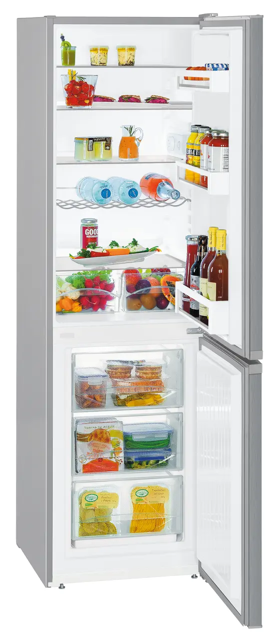 Product image, Perspective: oblique open decorated, Automatic refrigerator-freezer with SmartFrost, Casing colour: silver, Door colour: stainless steel look
