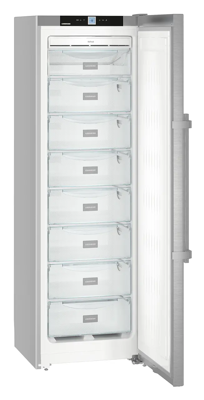 Product image, Perspective: oblique open empty, Freestanding freezer with NoFrost, Casing colour: silver, Door colour: stainless steel