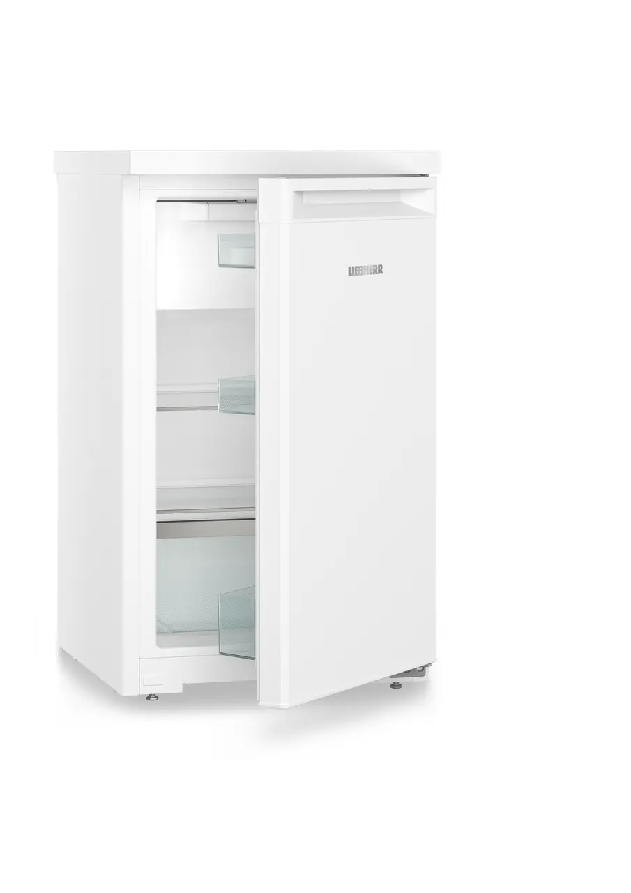 Produkt-Bild, Perspektive: schräg halb offen leer, Tischkühlschrank, Gehäusefarbe: Weiß, Türfarbe: Weiß