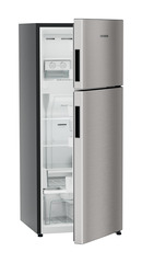 Product image, Perspective: oblique half-open empty, Fridge-freezer with NoFrost, Casing colour: grey, Door colour: Stainless Steel