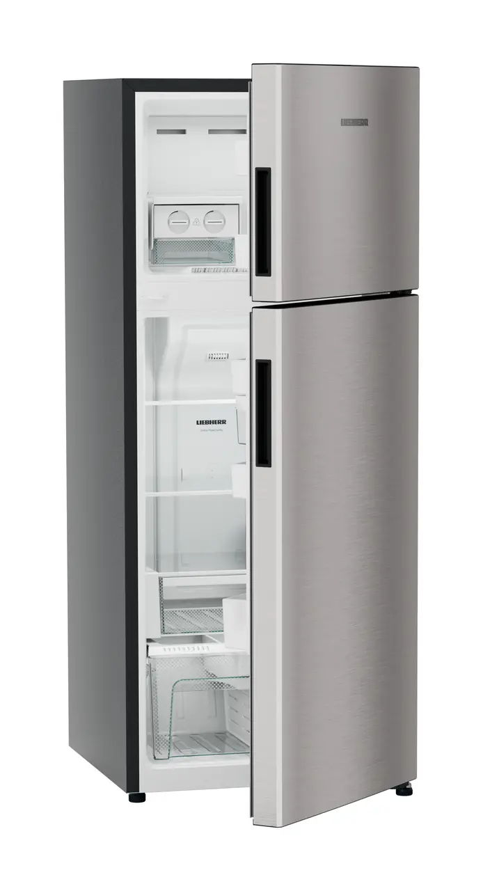 Product image, Perspective: oblique half-open empty, Fridge-freezer with NoFrost, Casing colour: grey, Door colour: Stainless Steel
