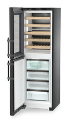 Product image, Perspective: oblique open empty, Combination with NoFrost freezer compartment and wine tempering compartment, Casing colour: BlackSteel, Door colour: BlackSteel