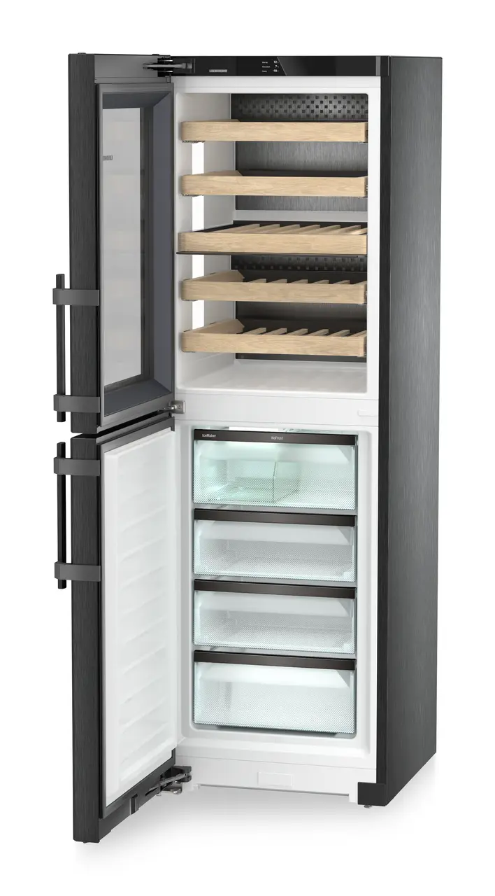 Product image, Perspective: oblique open empty, Combination with NoFrost freezer compartment and wine tempering compartment, Casing colour: BlackSteel, Door colour: BlackSteel