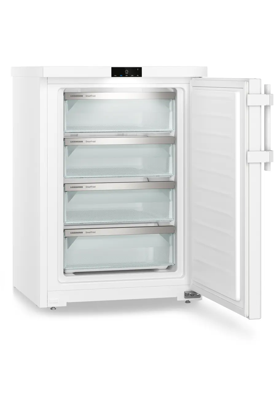 Produkt-Bild, Perspektive: schräg offen leer, Tischgefrierschrank mit SmartFrost, Gehäusefarbe: Weiß, Türfarbe: Weiß