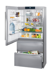 Product image, Perspective: oblique open decorated, Fridge-freezer with NoFrost, Casing colour: stainless steel, Door colour: stainless steel