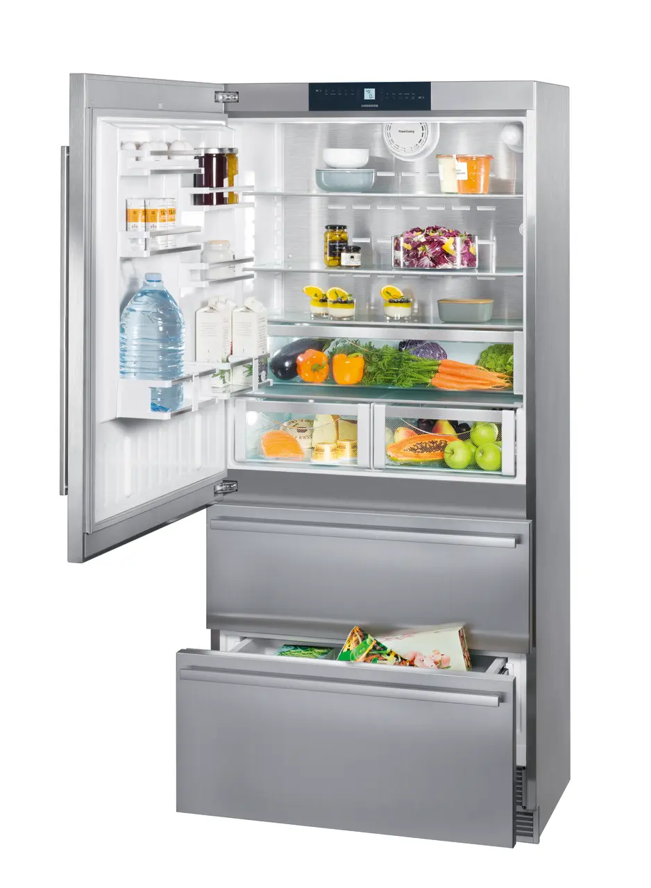 Product image, Perspective: oblique open decorated, Fridge-freezer with NoFrost, Casing colour: stainless steel, Door colour: stainless steel
