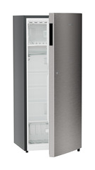 Product image, Perspective: oblique half-open empty, Single-door refrigerator 222 l in 3 star with VegFresh box, Casing colour: grey, Door colour: Stainless Steel