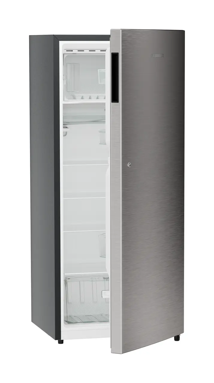 Product image, Perspective: oblique half-open empty, Single-door refrigerator 222 l in 3 star with VegFresh box, Casing colour: grey, Door colour: Stainless Steel