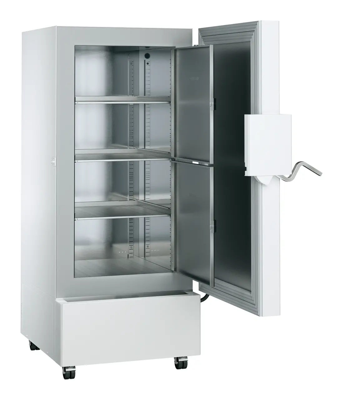 Product image, Perspective: oblique open empty, Scientific Ultra-Low-Temperature Freezer, Casing colour: white, Door colour: white