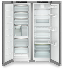 Product image, Perspective: straight open empty, Side-by-Side combination, Casing colour: silver, Door colour: Steelfinish