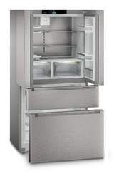 Produkt-Bild, Perspektive: schräg offen leer, French-Door-Kühl-Gefrierkombination mit 2 Gefrierschubladen mit IceMaker, Gehäusefarbe: Silver, Türfarbe: Edelstahl