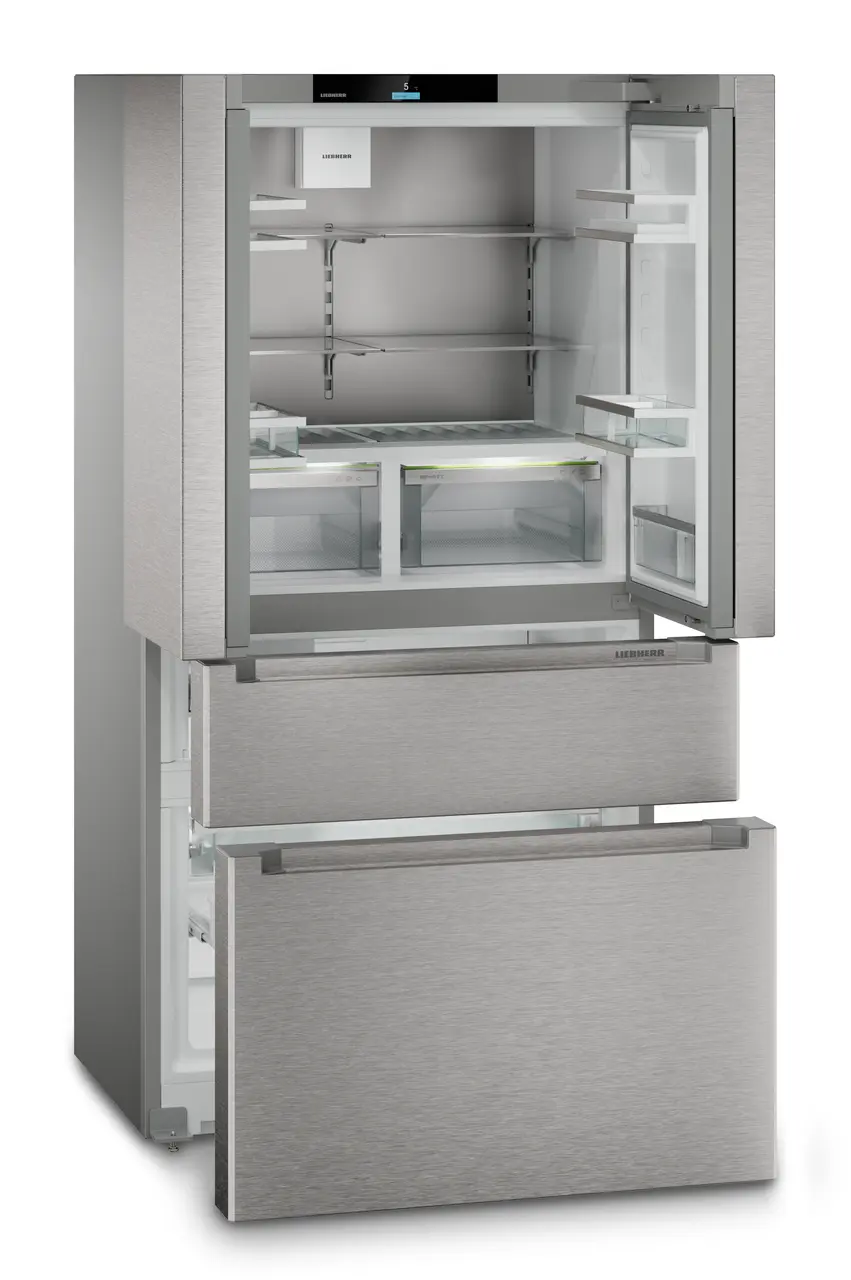 Produkt-Bild, Perspektive: schräg offen leer, French-Door-Kühl-Gefrierkombination mit 2 Gefrierschubladen mit IceMaker, Gehäusefarbe: Silver, Türfarbe: Edelstahl