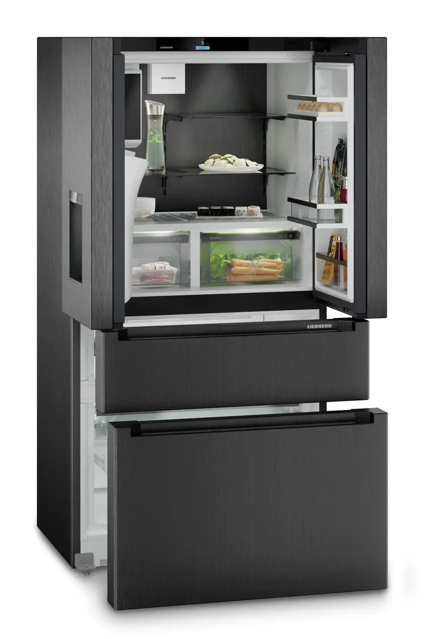 Termékkép, Perspektíva: Ferde nyitott díszített, Francia ajtós hűtő-fagyasztószekrény 2 fagyasztófiókkal, víz- és jégkockaadagolóval