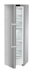 Product image, Perspective: oblique half-open empty, Freestanding freezer with NoFrost and IceTower, Casing colour: stainless steel, Door colour: stainless steel