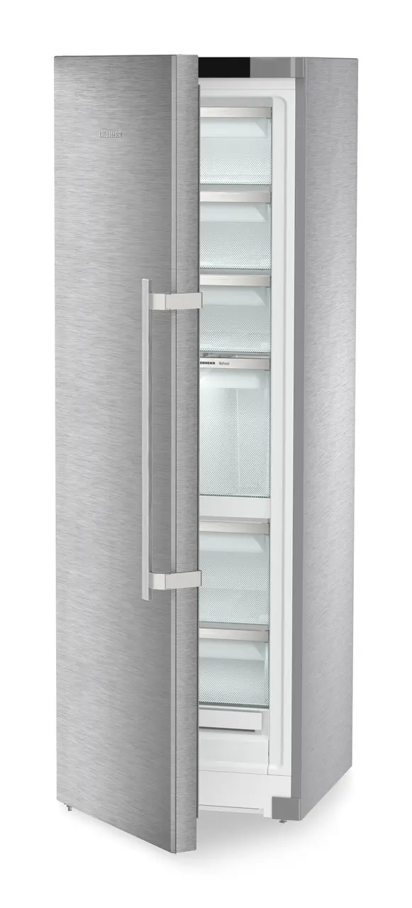 Product image, Perspective: oblique half-open empty, Freestanding freezer with NoFrost and IceTower, Casing colour: stainless steel, Door colour: stainless steel