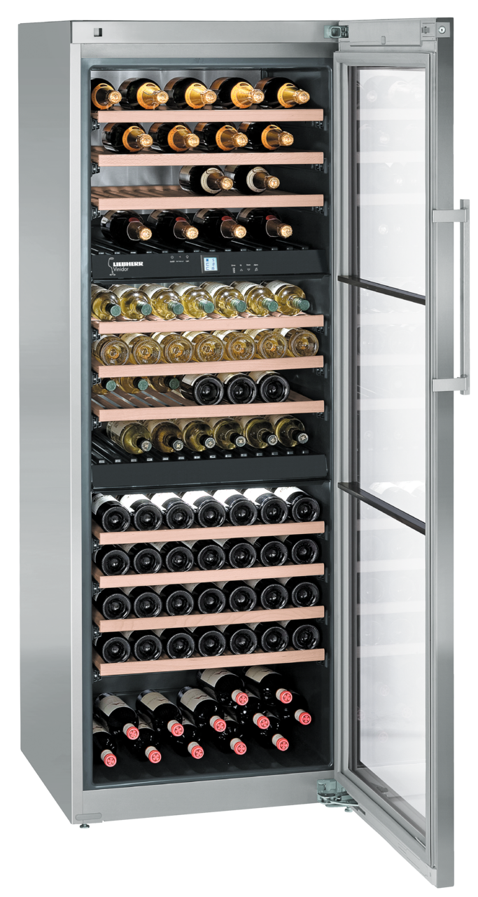 Product image, Perspective: oblique open decorated, Multi-temperature wine cabinet, Casing colour: stainless steel