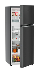 Product image, Perspective: oblique half-open decorated, Fridge-freezer with NoFrost, Casing colour: grey, Door colour: BlackSteel