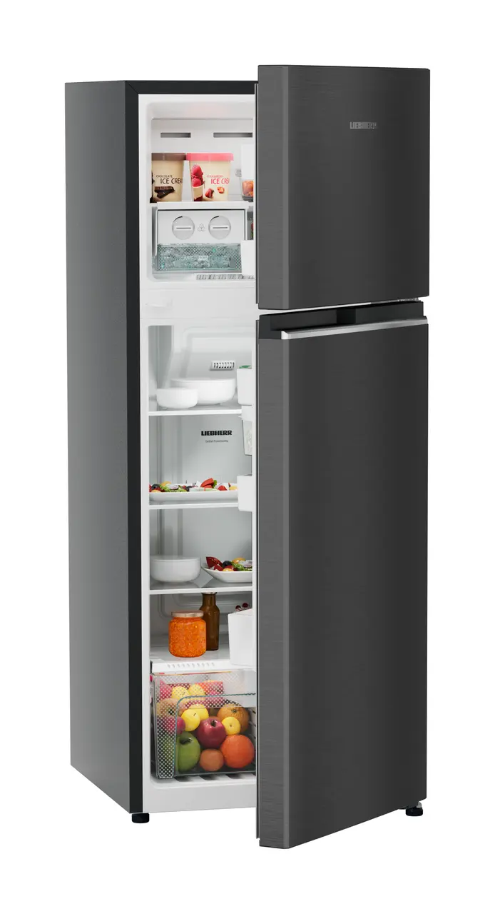 Product image, Perspective: oblique half-open decorated, Fridge-freezer with NoFrost, Casing colour: grey, Door colour: BlackSteel