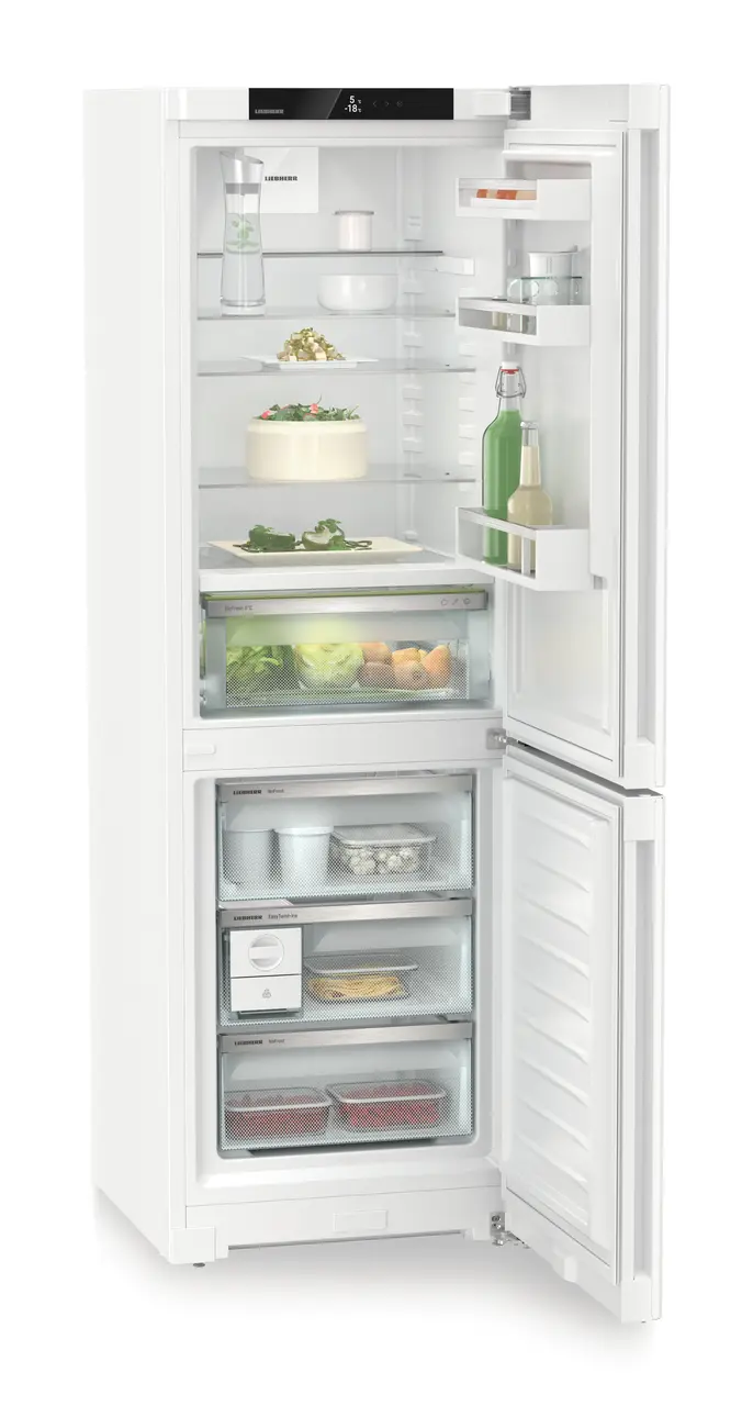 Product image, Perspective: oblique open decorated, Fridge-freezer with BioFresh and NoFrost, Casing colour: white, Door colour: white