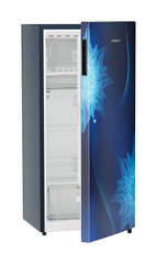 Product image, Perspective: oblique half-open empty, Single-door fridge 186 l in 3 star with VegFresh box, Casing colour: blue, Door colour: Blue Mystiq