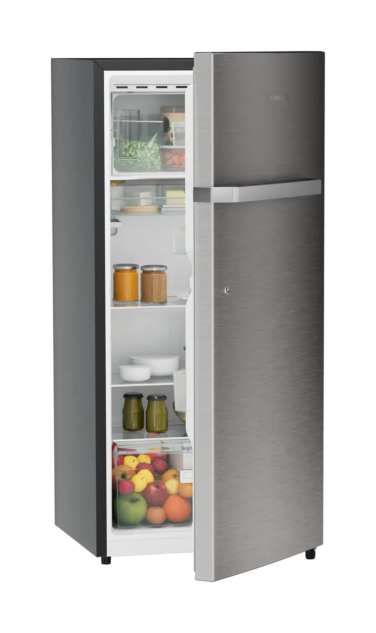 Product image, Perspective: oblique half-open decorated, Single-door refrigerator 202 l in 3 star and horizontal handle, Casing colour: grey, Door colour: Stainless Steel