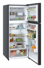 Product image, Perspective: oblique open decorated, Fridge-freezer with NoFrost, Casing colour: grey, Door colour: Black Gloss