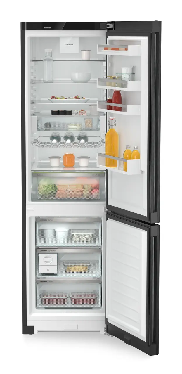 Product image, Perspective: straight open decorated, Combined fridge-freezers with EasyFresh and NoFrost, Casing colour: black, Door colour: BlackSteel