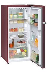 Product image, Perspective: oblique open decorated, Single-door refrigerator 191 l in 3 star and horizontal handle, Casing colour: red, Door colour: Red Rosette