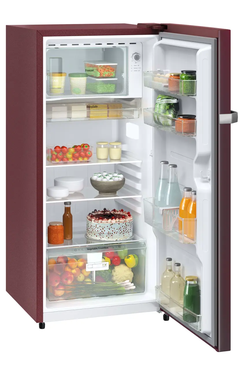 Product image, Perspective: oblique open decorated, Single-door refrigerator 222 l in 3 star and horizontal handle, Casing colour: red, Door colour: Red Rosette