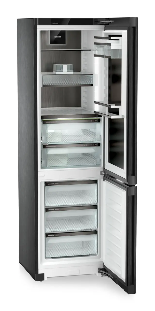 Product image, Perspective: oblique open empty, Fridge-freezer with BioFresh Professional and NoFrost, Casing colour: BlackSteel, Door colour: BlackSteel