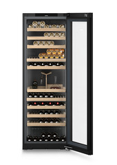 Product image, Perspective: straight open decorated, Multi-temperature wine cabinet, Casing colour: BlackSteel, Door colour: GlassBlack