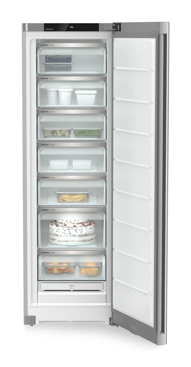 Produktbild, Perspektiv: Framifrån, öppen, fylld, Fristående frysskåp med NoFrost