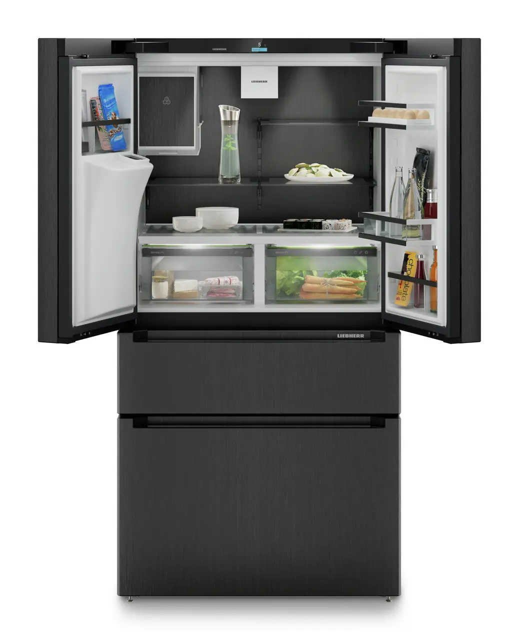 Termékkép, Perspektíva: Egyenes nyitott díszített, Francia ajtós hűtő-fagyasztószekrény 2 fagyasztófiókkal, víz- és jégkockaadagolóval