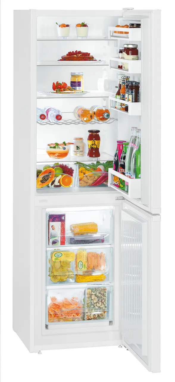 Image de produit, Perspective: Oblique ouvert décoré, Automate réfrigérateur-congélateur avec SmartFrost, Couleur de l’habillage: blanc, Couleur de porte: blanc