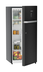 Product image, Perspective: oblique half-open decorated, Single-door refrigerator 202 l in 4 star with iCoolTouch UI, Casing colour: grey, Door colour: BlackSteel