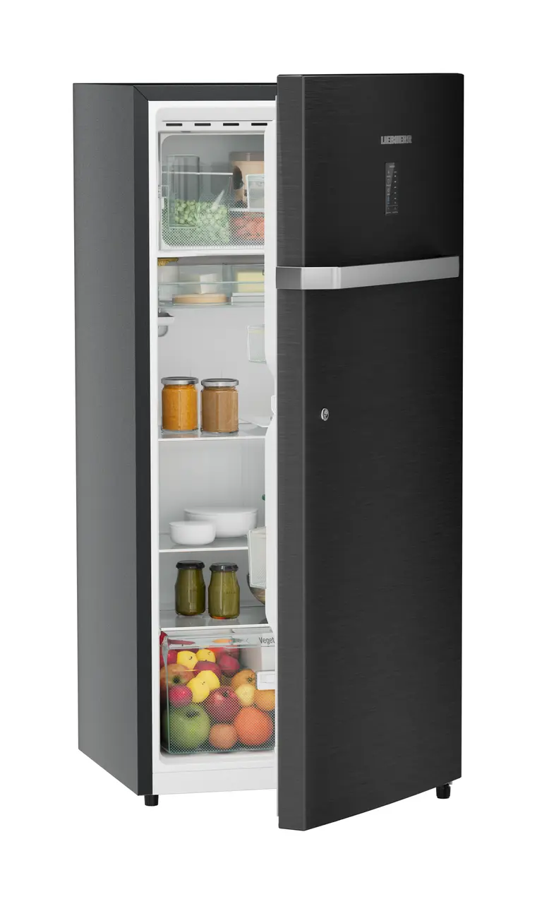 Product image, Perspective: oblique half-open decorated, Single-door refrigerator 202 l in 4 star with iCoolTouch UI, Casing colour: grey, Door colour: BlackSteel