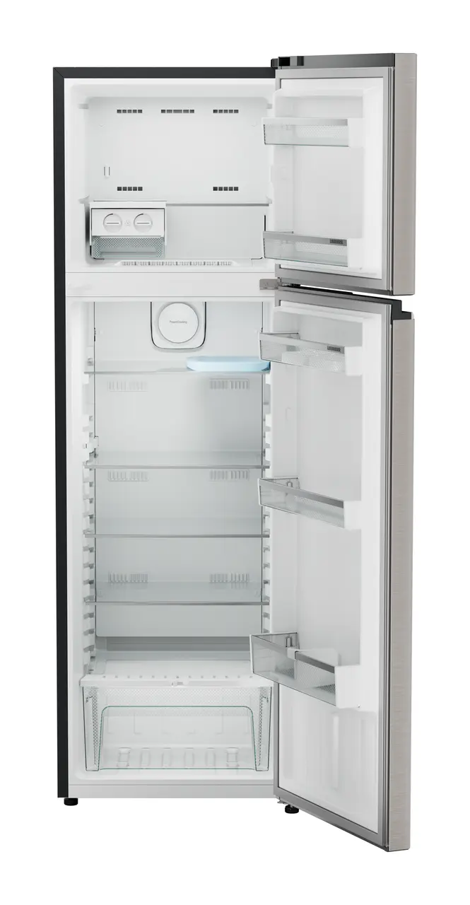 Product image, Perspective: straight open empty, Fridge-freezer with NoFrost, Casing colour: grey, Door colour: Grey Steel