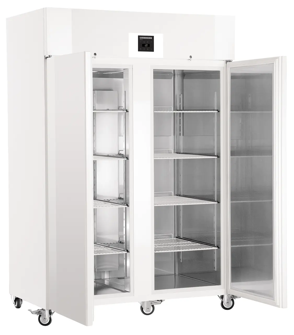 Product image, Perspective: oblique open empty, Lab freezer with Comfort electronic controller, Casing colour: white