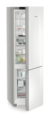 Product image, Perspective: oblique half-open decorated, Combined fridge-freezers with EasyFresh and NoFrost, Casing colour: silver, Door colour: white