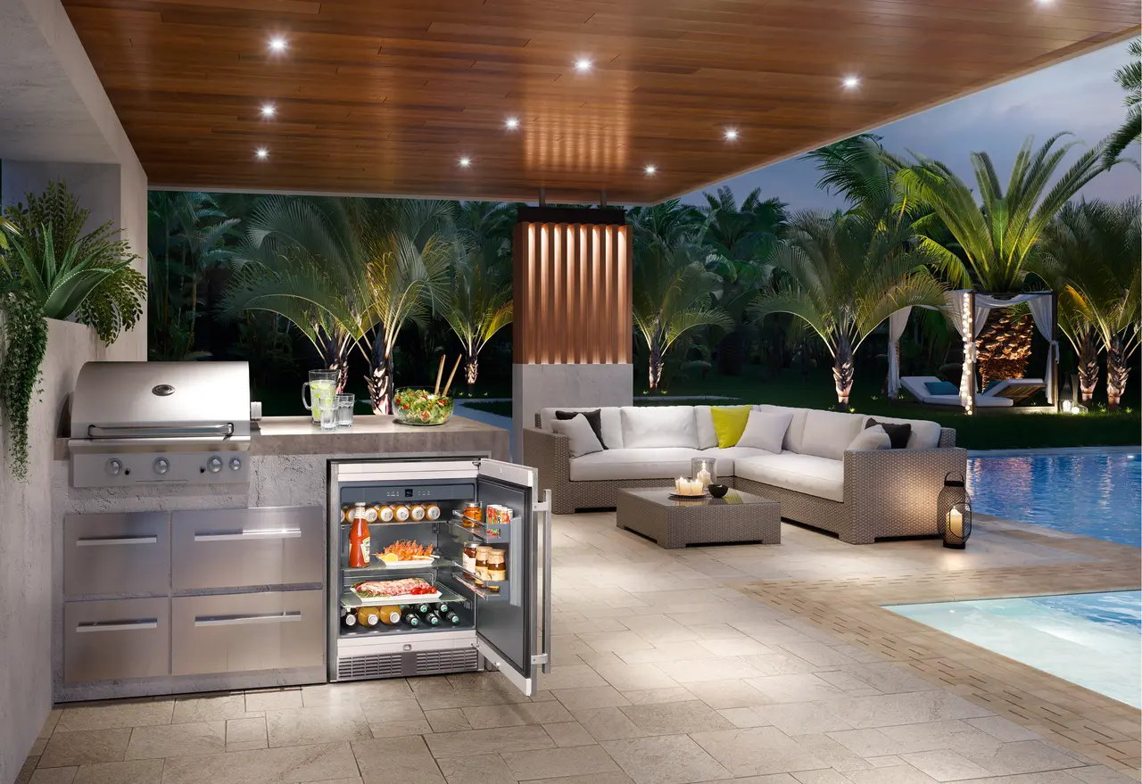 Product image, Perspective: milieu, Outdoor fridge, Casing colour: grey, Door colour: stainless steel