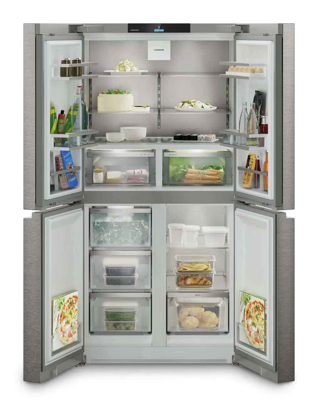 Immagine del prodotto, Prospettiva: Frontale aperto fornito, Frigorifero a 4 porte French Door con IceMaker, Colore della struttura: argento, Colore della porta: acciaio inox