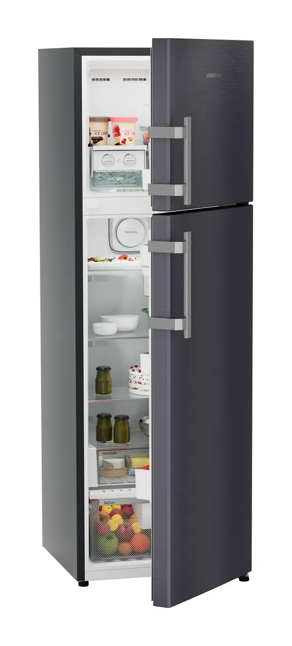 Product image, Perspective: oblique half-open decorated, Fridge-freezer with NoFrost, Casing colour: grey, Door colour: Cobalt Steel