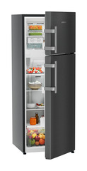Product image, Perspective: oblique half-open decorated, Fridge-freezer with NoFrost, Casing colour: grey, Door colour: BlackSteel