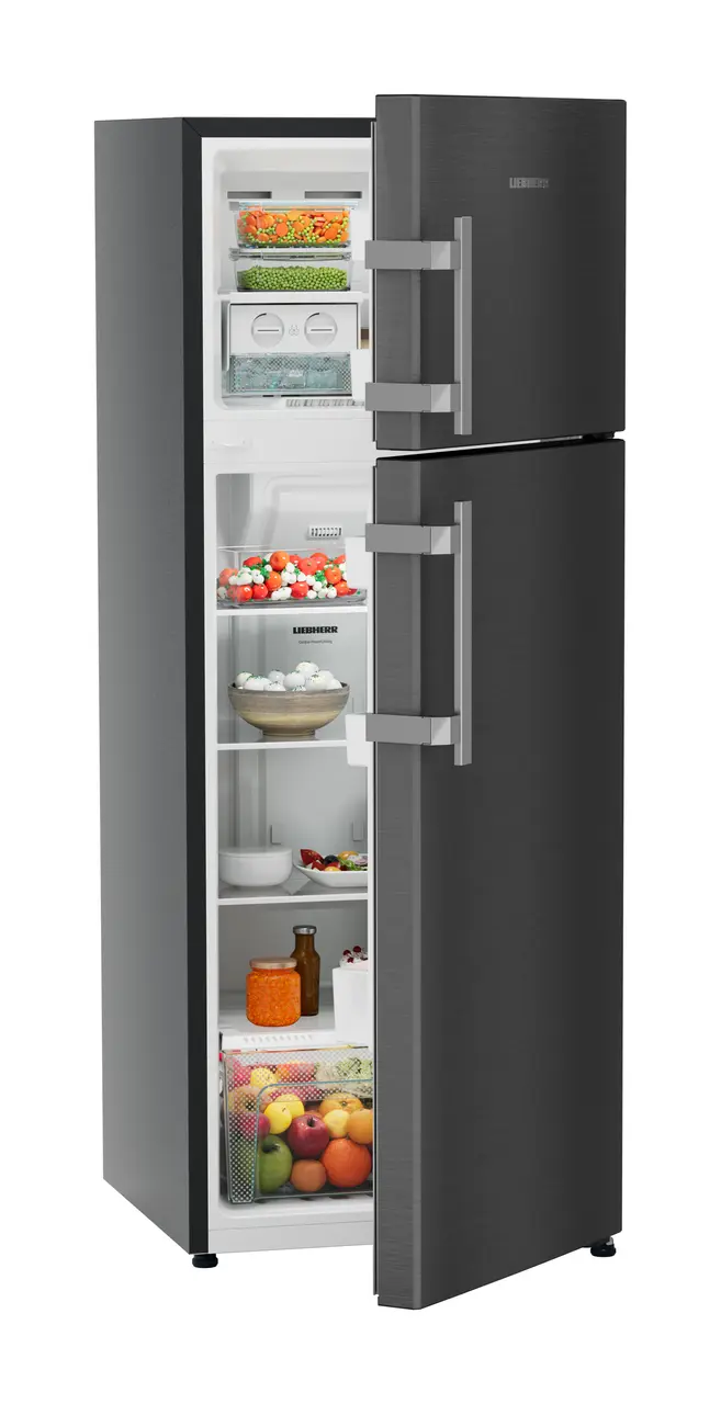 Product image, Perspective: oblique half-open decorated, Fridge-freezer with NoFrost, Casing colour: grey, Door colour: BlackSteel