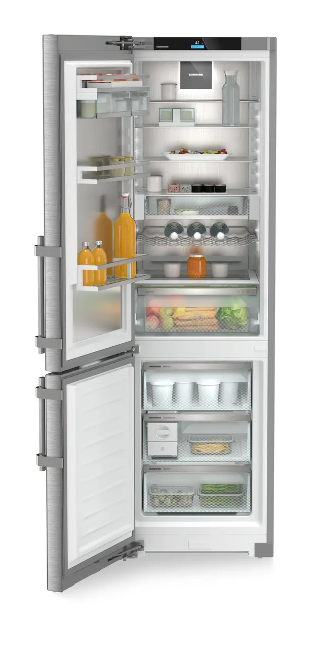 Product image, Perspective: straight open decorated, Combined fridge-freezers with EasyFresh and NoFrost, Casing colour: stainless steel, Door colour: stainless steel