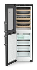 Product image, Perspective: straight open empty, Combination with NoFrost freezer compartment and wine tempering compartment, Casing colour: BlackSteel, Door colour: BlackSteel