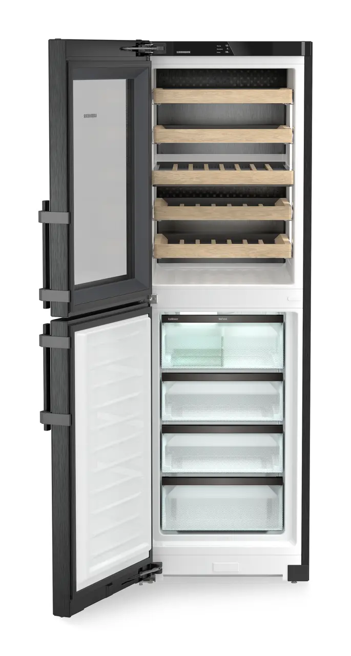 Product image, Perspective: straight open empty, Combination with NoFrost freezer compartment and wine tempering compartment, Casing colour: BlackSteel, Door colour: BlackSteel