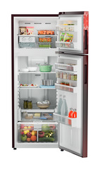 Product image, Perspective: straight open decorated, Fridge-freezer with NoFrost, Casing colour: red, Door colour: Red Mystiq